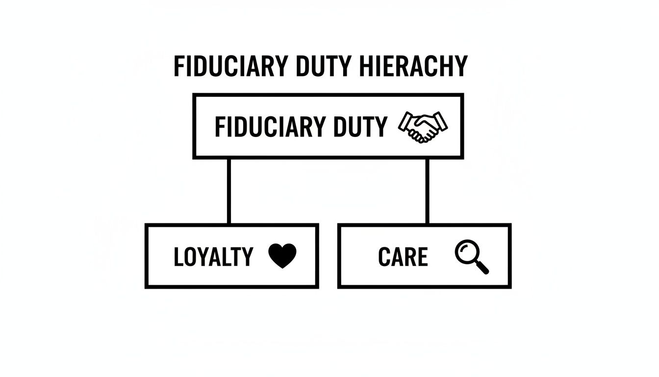 Diagram showing the fiduciary duty hierarchy, breaking down into loyalty and care with icons.