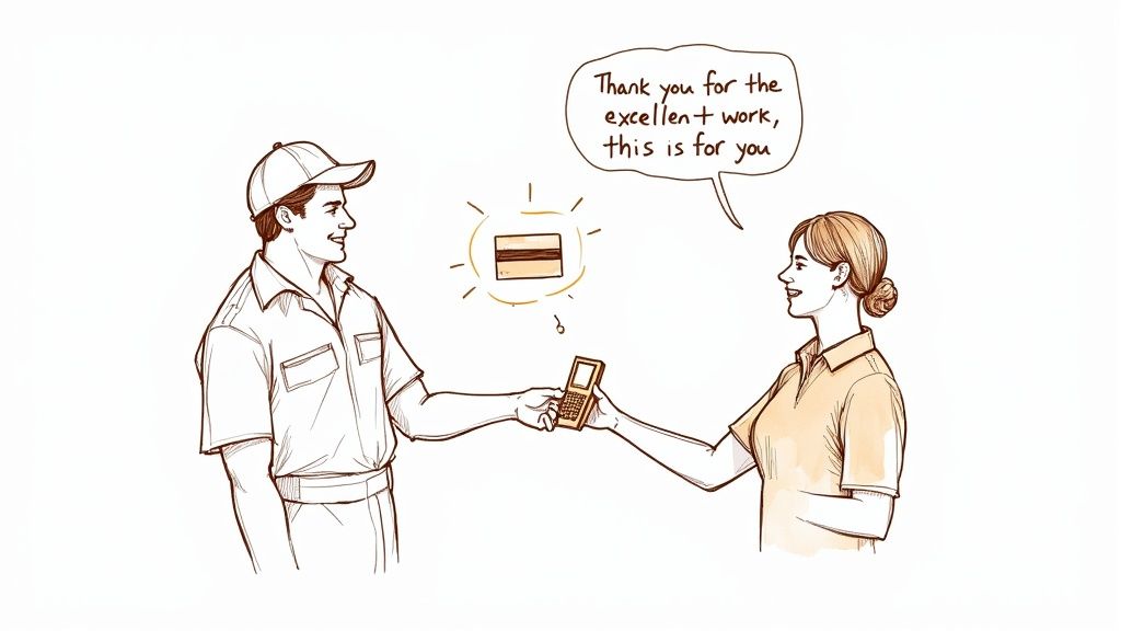 A smiling woman thanks a service worker, giving him a payment device as a tip for excellent work.