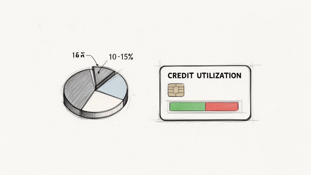Illustration showing a pie chart representing credit score factors and a credit card illustrating credit utilization.