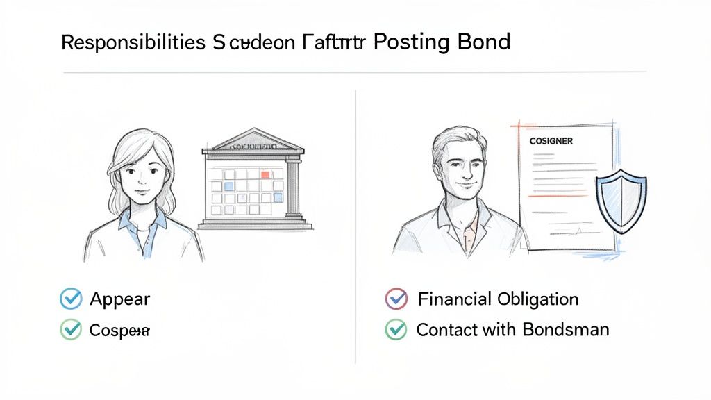 A person signing a contract with a pen, representing the responsibilities after posting bond.