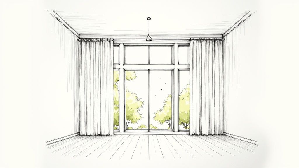 Modern empty room interior with large window, flowing curtains, and wooden floor sketch