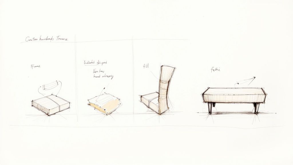 Detailed sketches illustrating the design and construction of an upholstered bench, showing frame, fill, and fabric.
