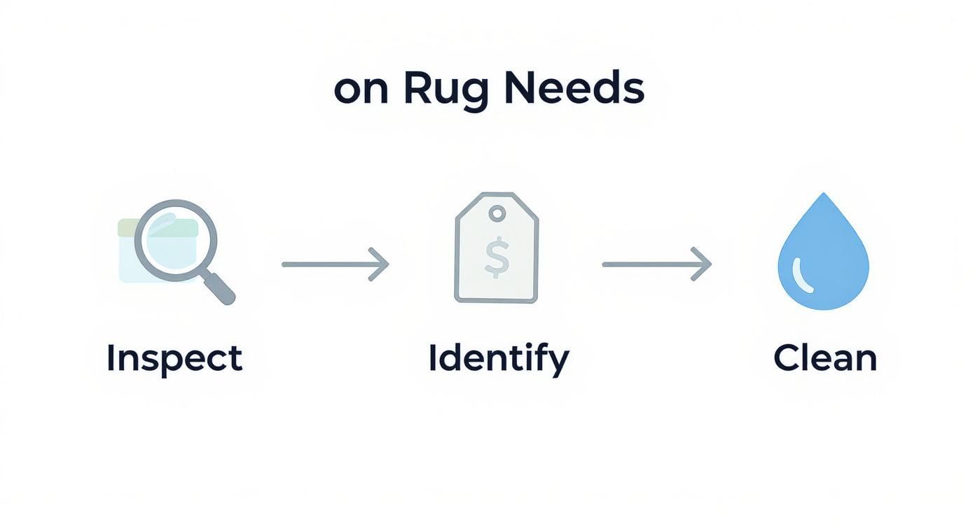 A three-step process for rug care: Inspect with a magnifying glass, Identify with a price tag, and Clean with a water droplet.