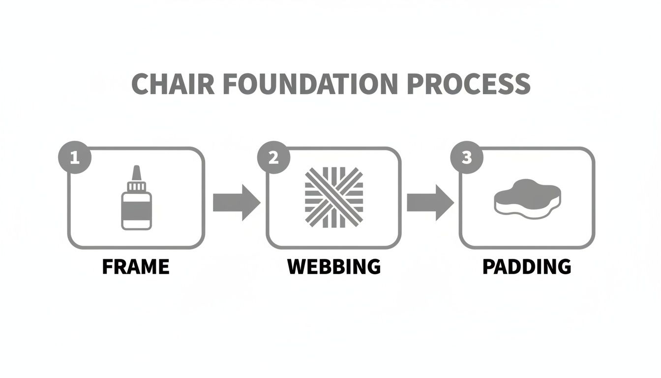 Infographic showing the chair foundation process: 1. frame, 2. webbing, 3. padding with icons.