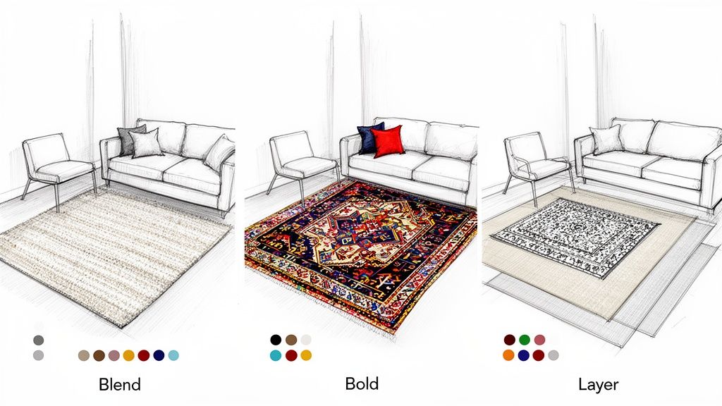Visual guide showcasing three living room rug styling ideas: Blend, Bold, and Layer.