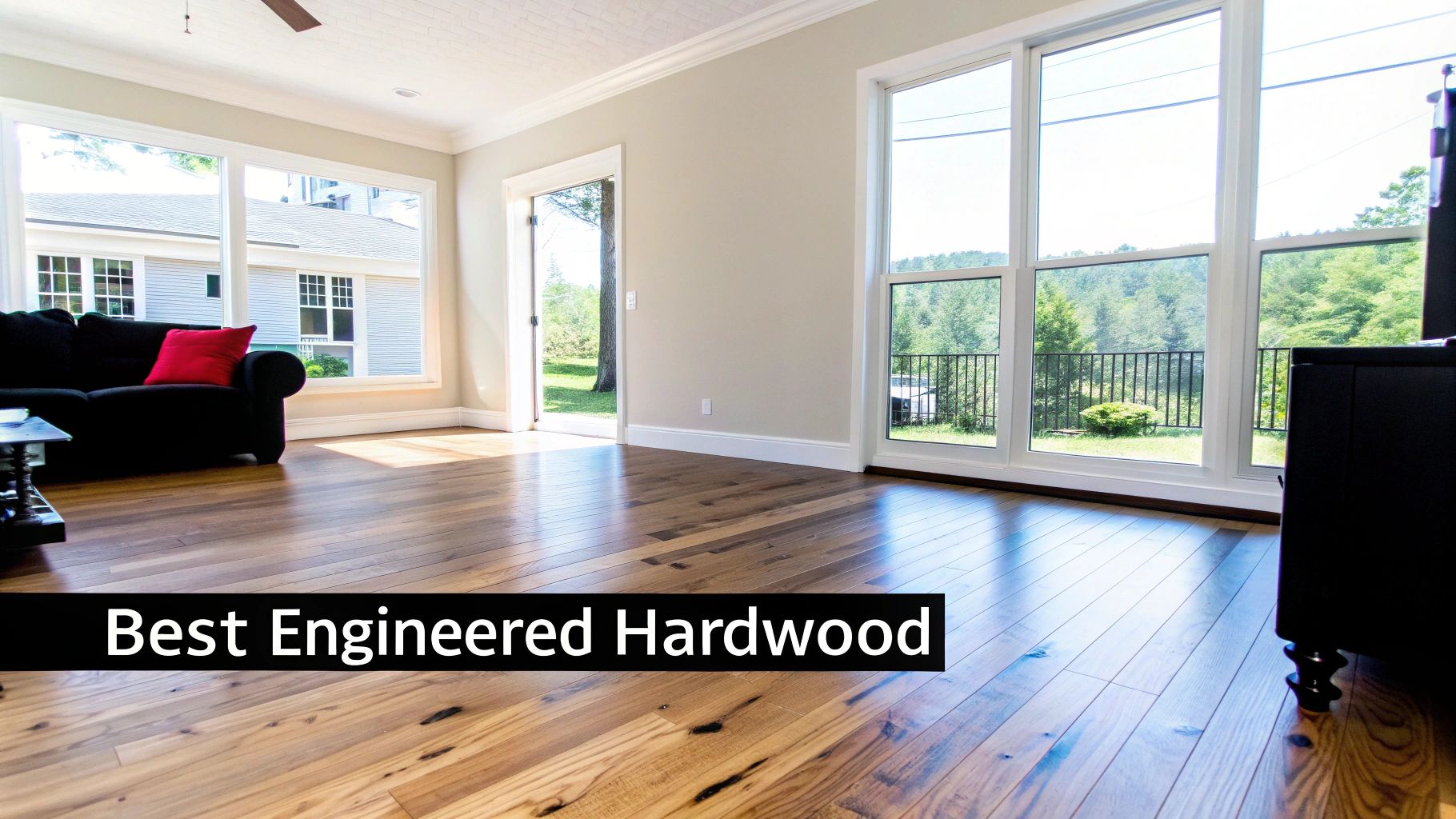 A bright living room featuring warm engineered hardwood flooring, a black sofa, and large windows offering outdoor views.