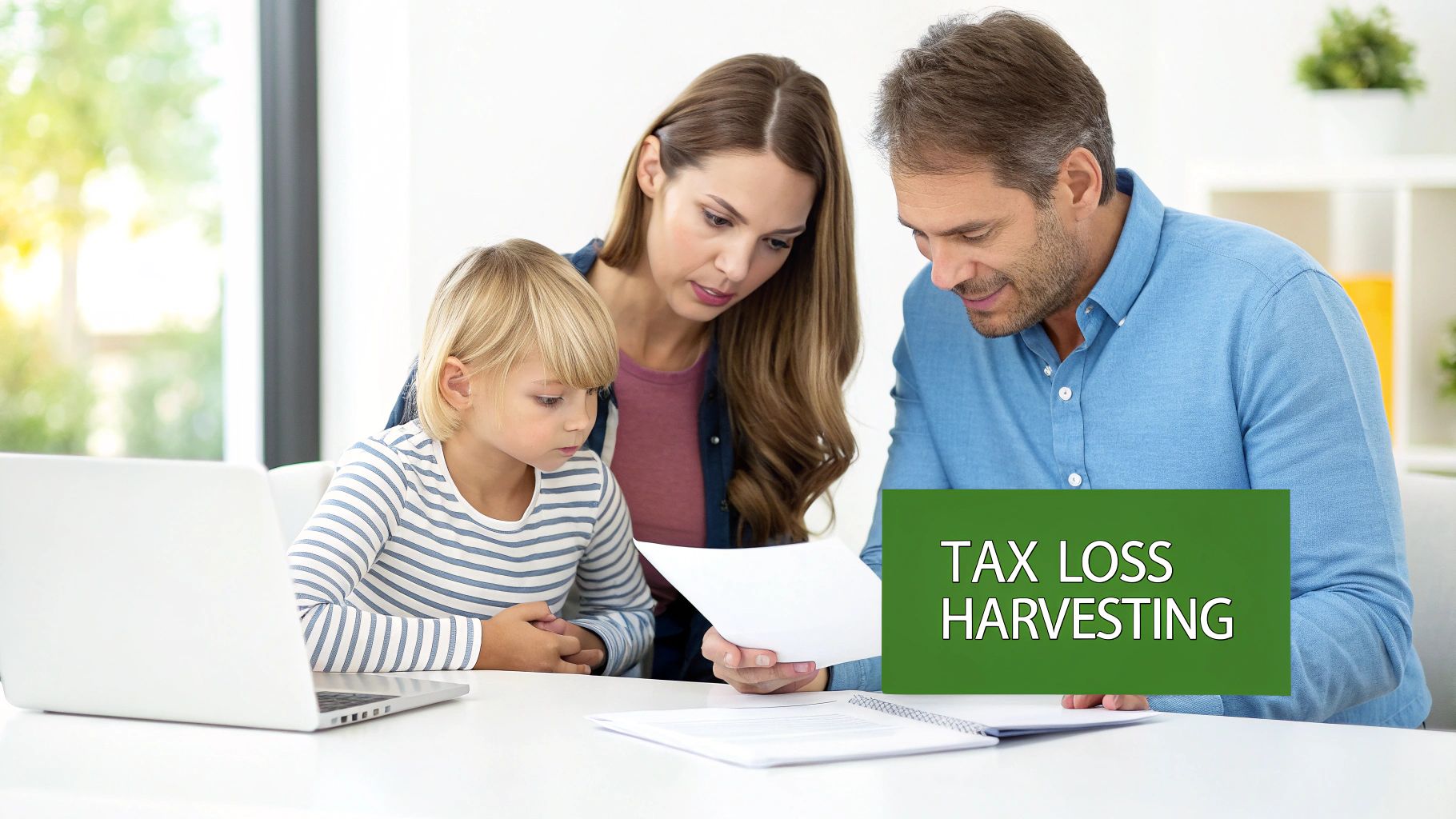 A family, including a father, mother, and child, reviews tax documents at a table.
