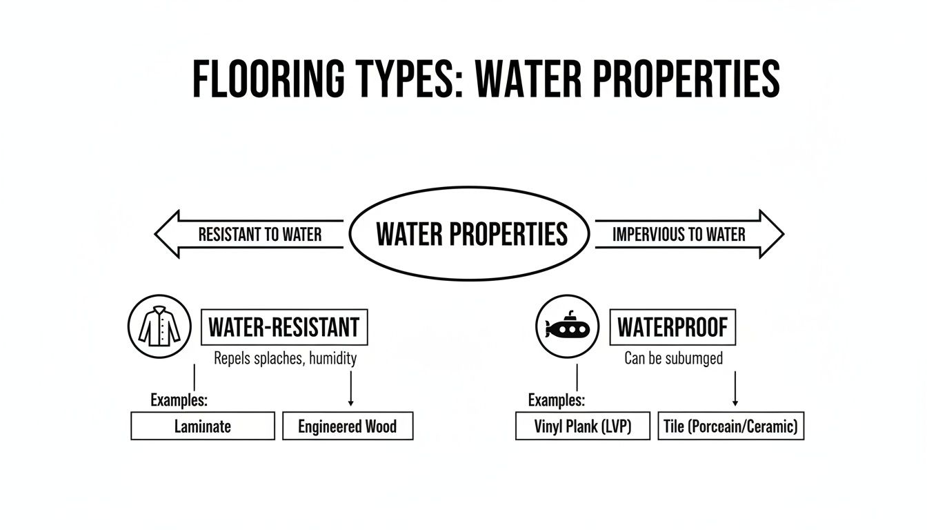 A diagram explaining flooring types based on water properties, differentiating between water-resistant and waterproof.