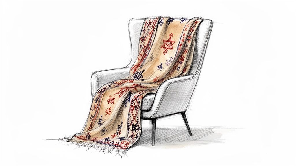 A sketch of a white armchair draped with a beige blanket featuring colorful Moroccan patterns.