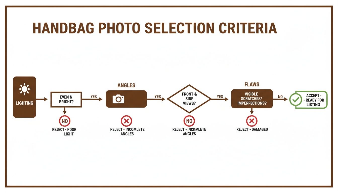 Flowchart detailing handbag photo selection criteria for online listing, covering lighting, angles, and flaws.