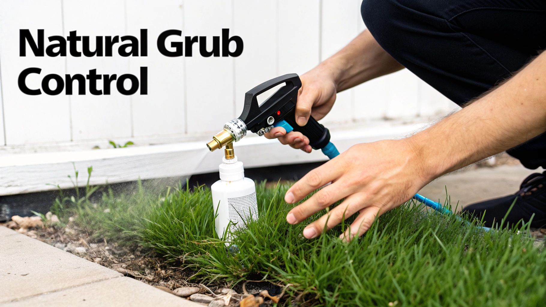 Person applying natural grub control solution to grass near a white picket fence.