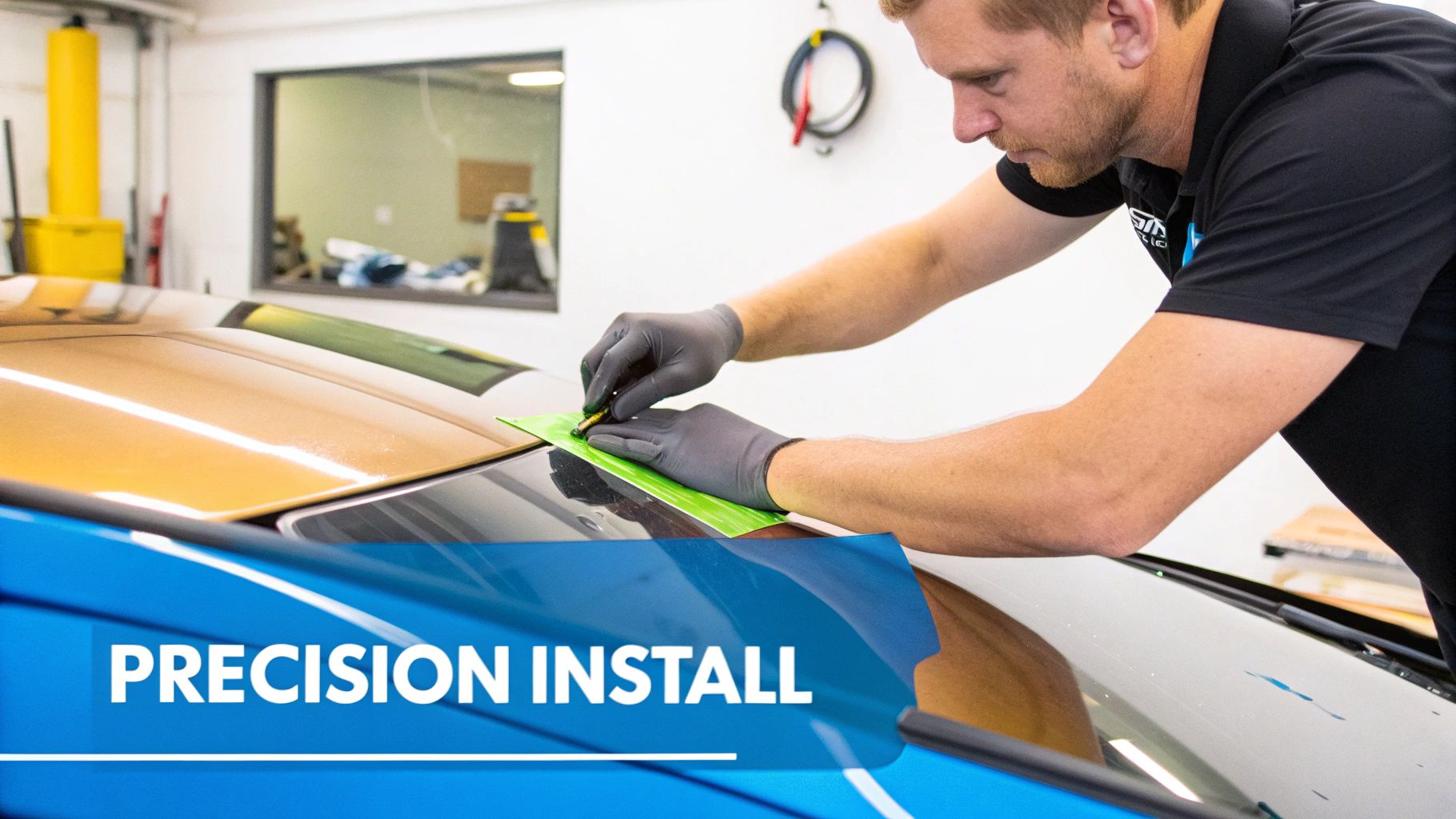 A professional with gloves meticulously applies a green protective film onto a car's hood.