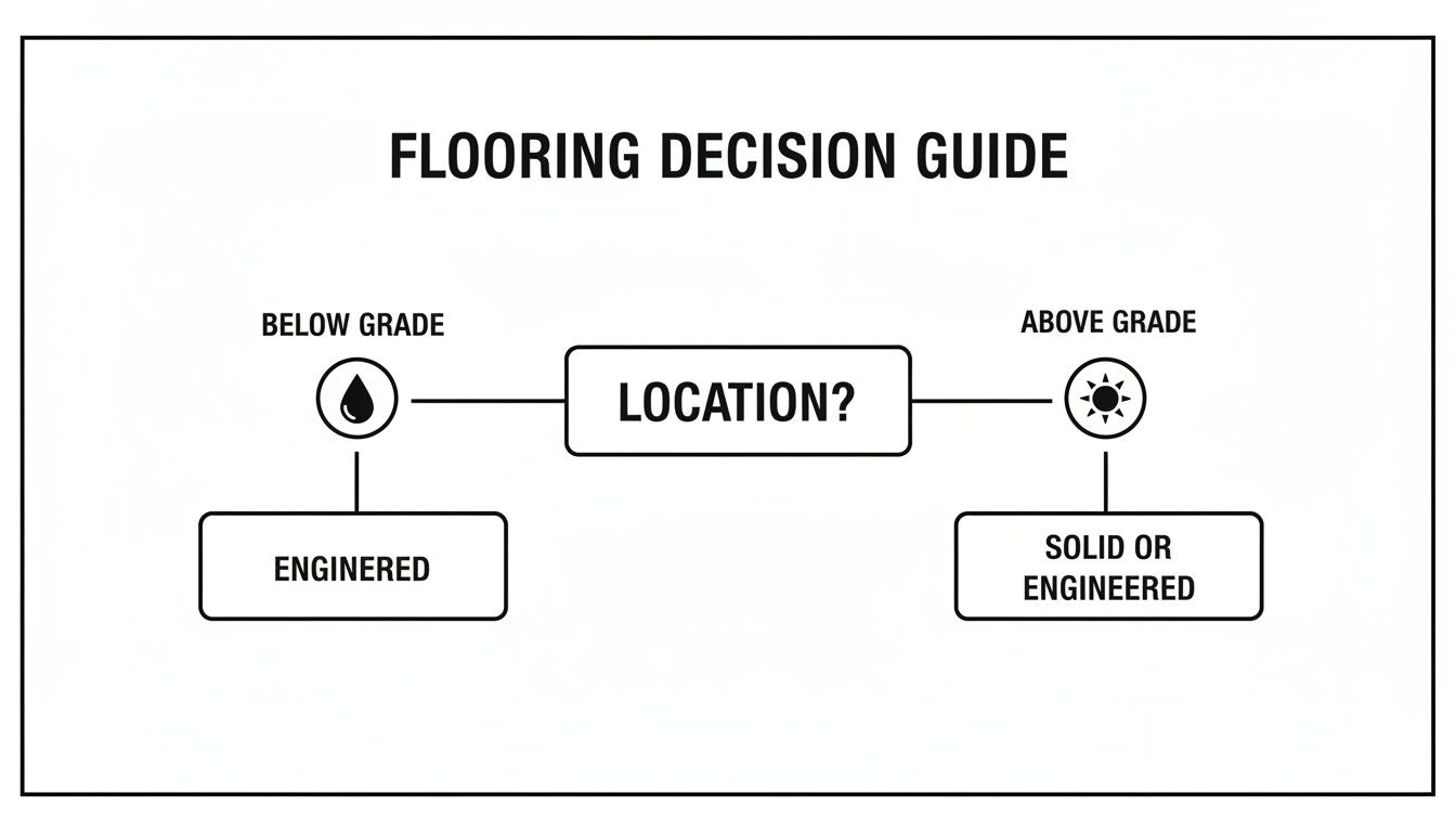 A flooring decision guide flowchart illustrating wood flooring options based on location, either below or above grade.