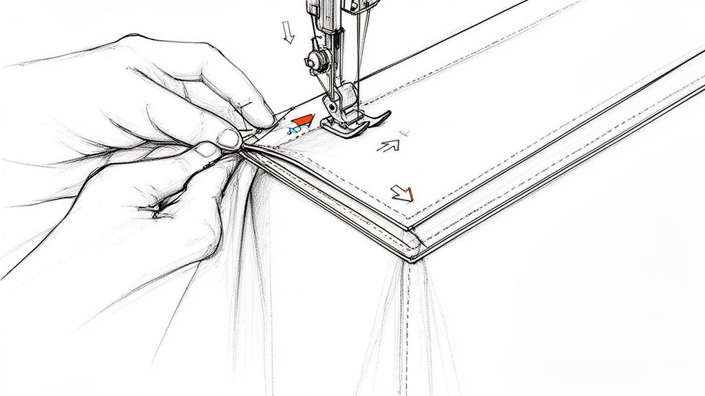 Hands guide fabric under a sewing machine needle, demonstrating precise stitching for a seam.