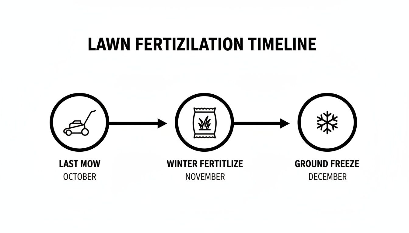 Lawn fertilization timeline showing steps from last mow in October to winter fertilizing in November, then ground freeze.