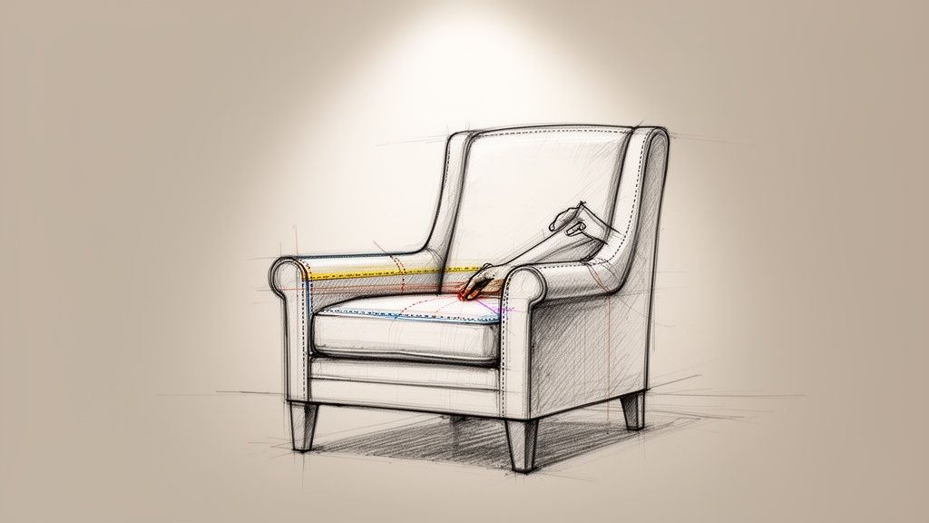 Detailed sketch of a club chair, showing tailoring measurements and a hand interacting with the design.