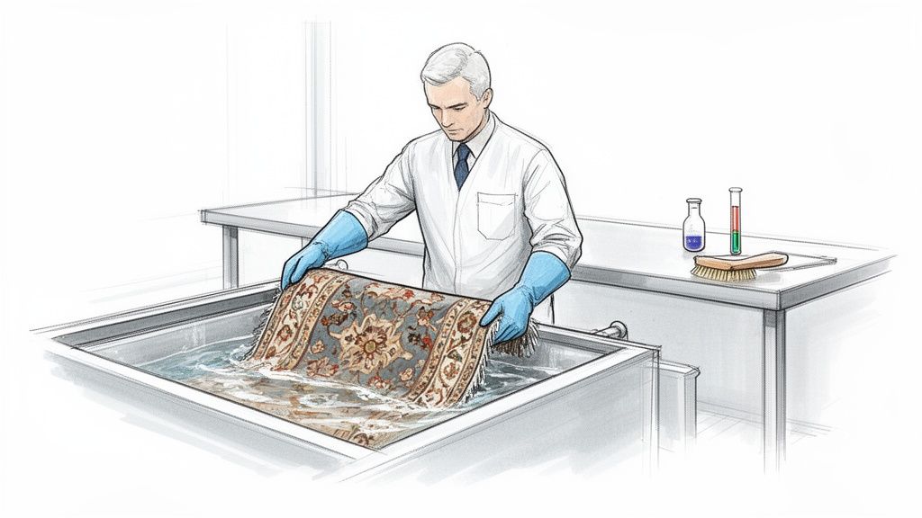 A man in a lab coat and blue gloves carefully washes an ornate oriental rug in a large basin.