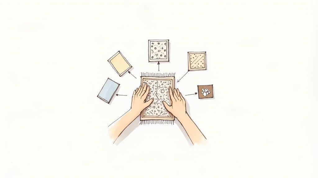 A top-down illustration of hands pressing a rug, with various design swatches and arrows.