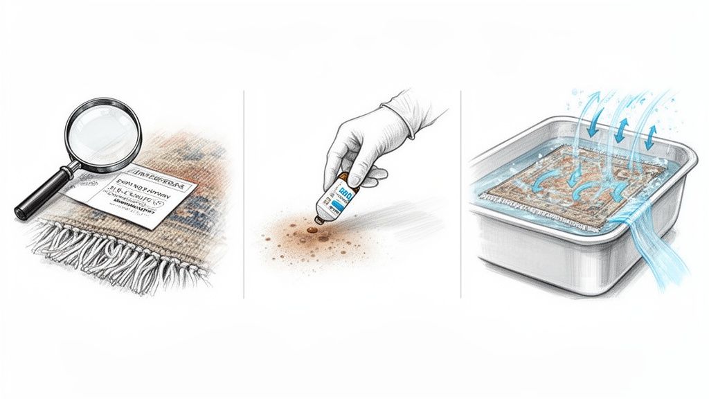 Three illustrations depict a rug inspection with a magnifying glass, spot stain treatment, and thorough rug washing.