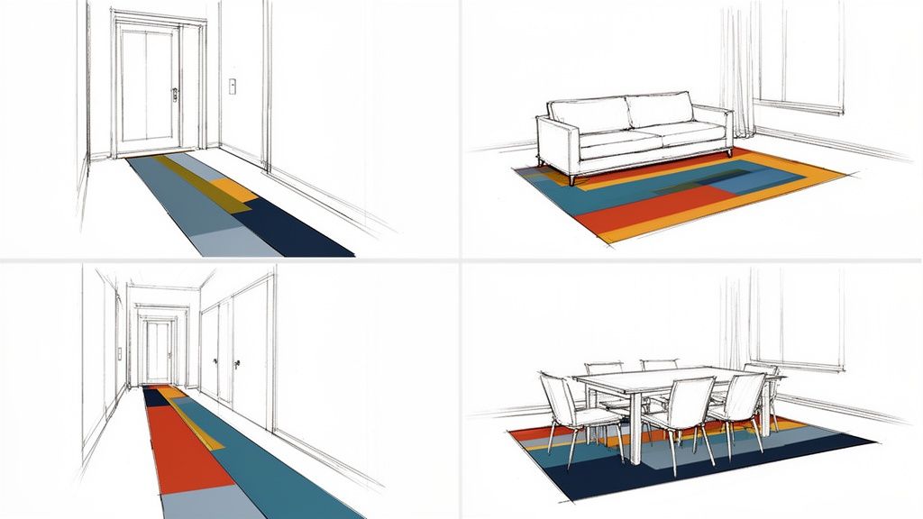 Sketches of four rooms showcasing modern rugs with colorful geometric patterns in hallways, living, and dining areas.