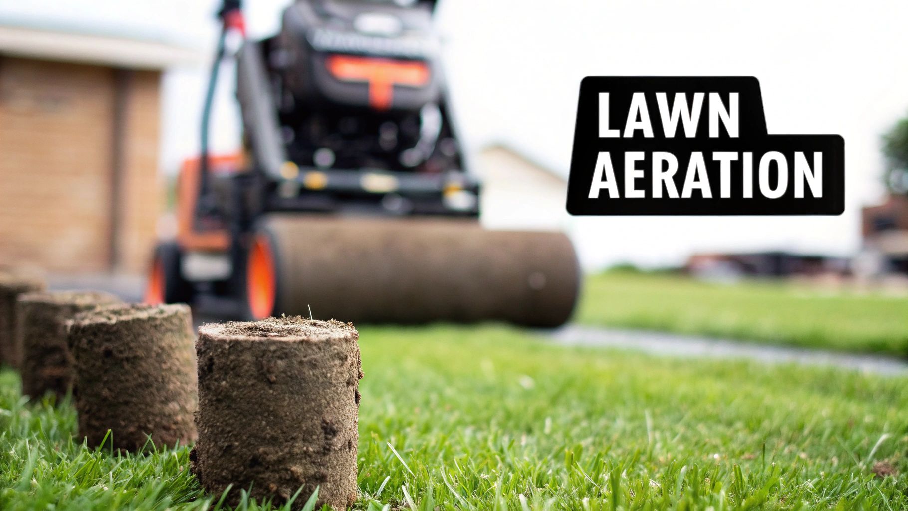 Close-up of soil plugs on a vibrant green lawn with a blurred lawn aerator machine in the background.