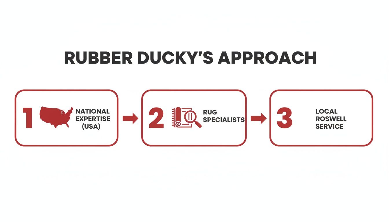 Visual representation of Rubber Ducky's 3-step approach: national expertise, rug specialists, and local Roswell service.
