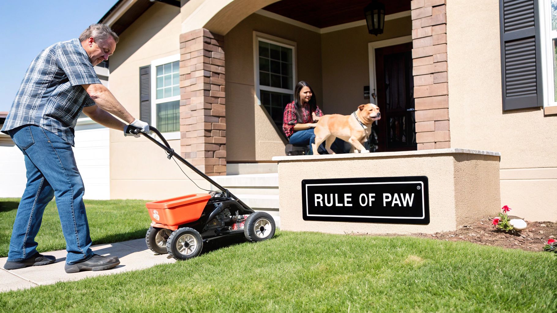 A dog happily playing on a green, well-maintained lawn with its owner.