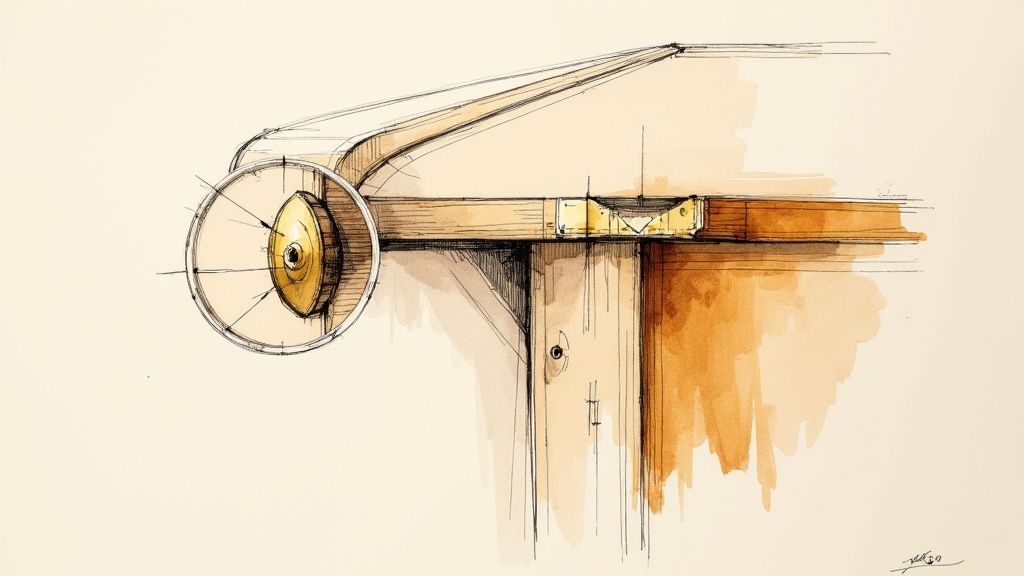 Detailed watercolor sketch of an antique wooden furniture joint with a golden metal pin.