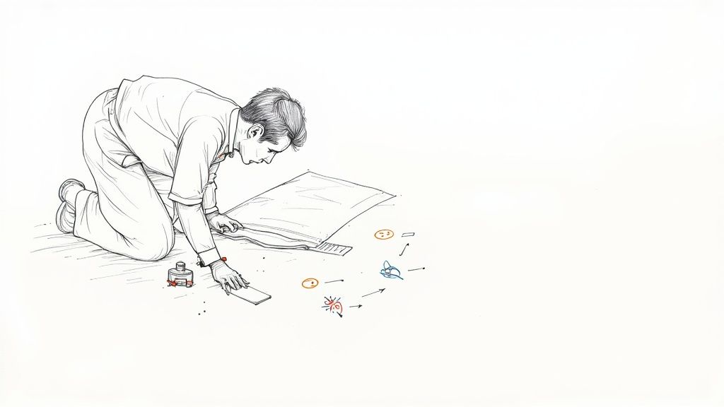 Man kneeling on the floor, investigating a spill or stain with a bottle and tools.