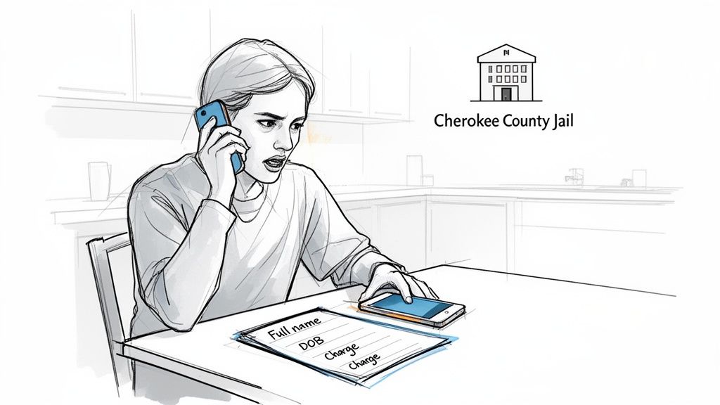 A concerned person on the phone with papers for 'Full name,' 'DOB,' and 'Charge,' related to Cherokee County Jail.