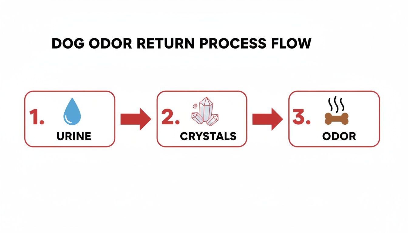 A step-by-step diagram showing dog urine turning into crystals, then creating odor.