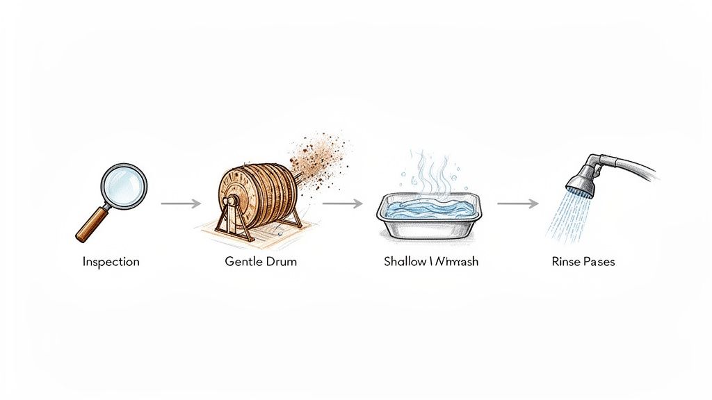 A diagram illustrates four steps for cleaning: inspection, gentle drum, shallow wash, and rinse with a showerhead.