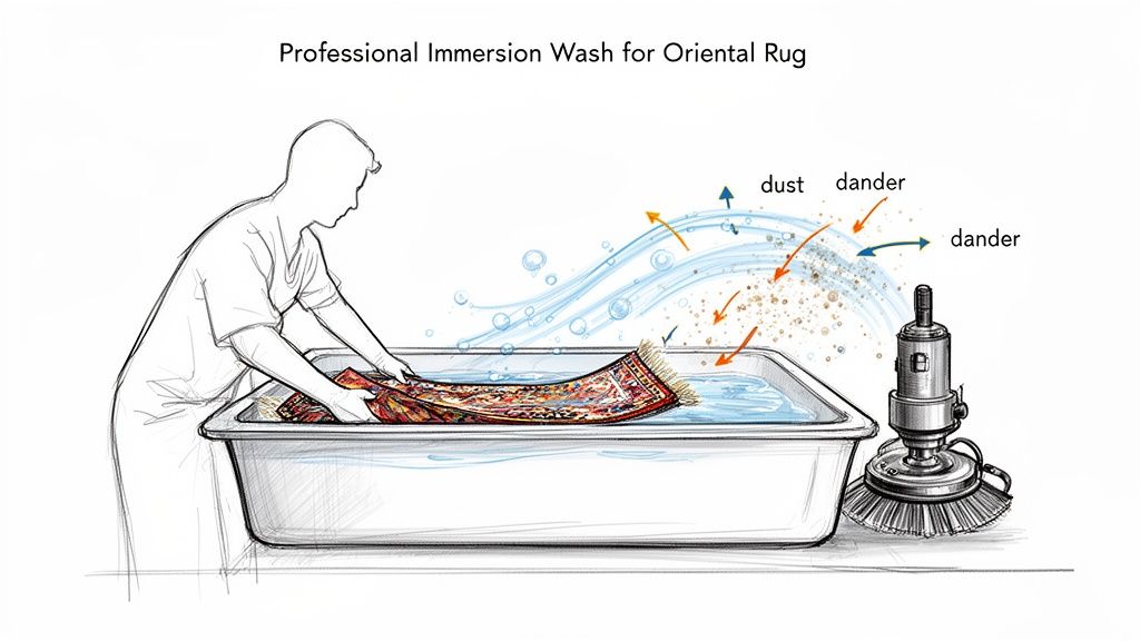 A professional is shown performing an immersion wash on an oriental rug in a large basin, removing dirt.
