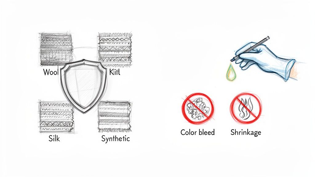 Illustrative diagram showing fabric care: protecting wool, kilt, silk, synthetic from color bleed and shrinkage.