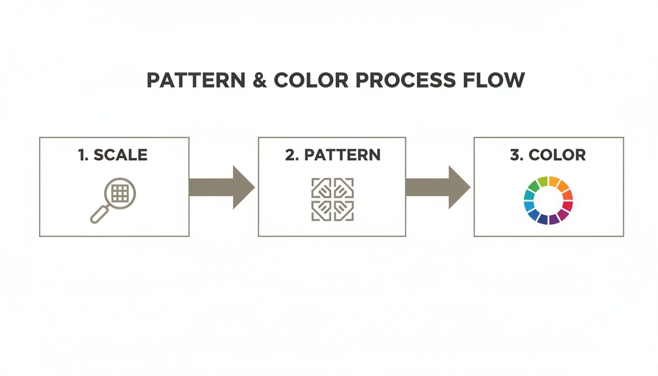 A clear diagram illustrating the three-step pattern and color design process flow: Scale, Pattern, Color.