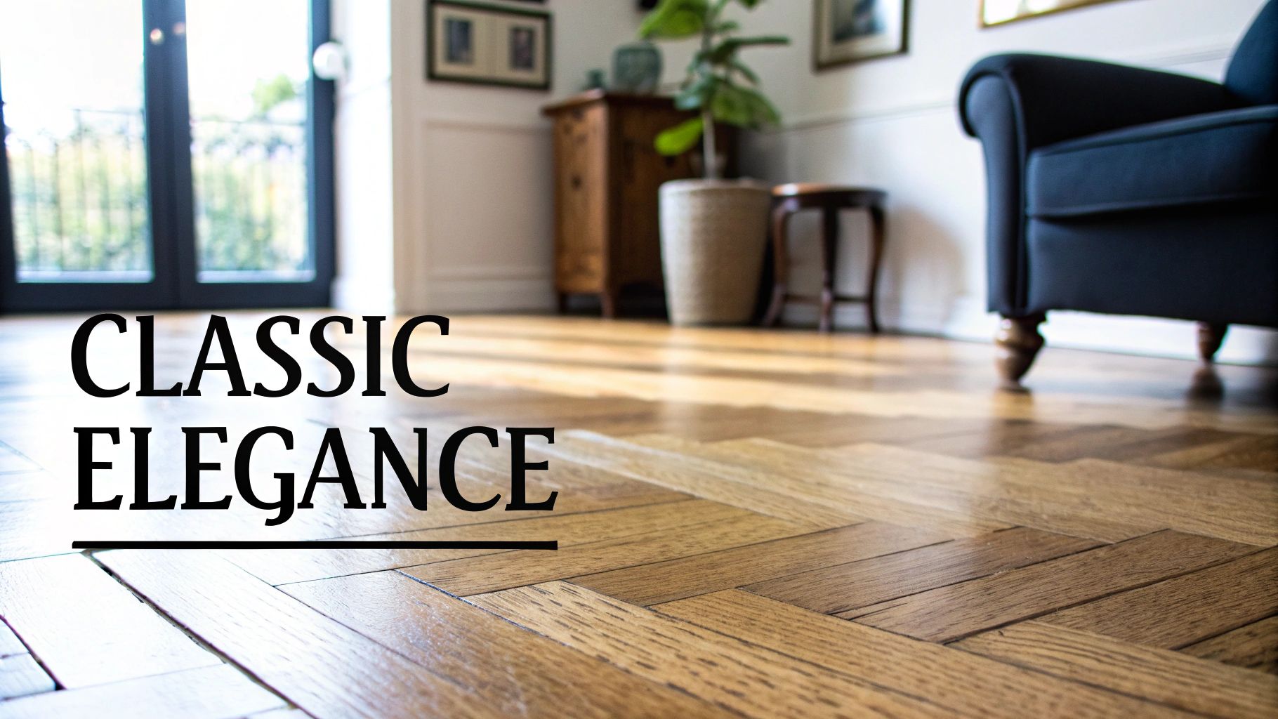 A warm, inviting interior showcasing a classic oak herringbone floor, a dark armchair, and natural light.