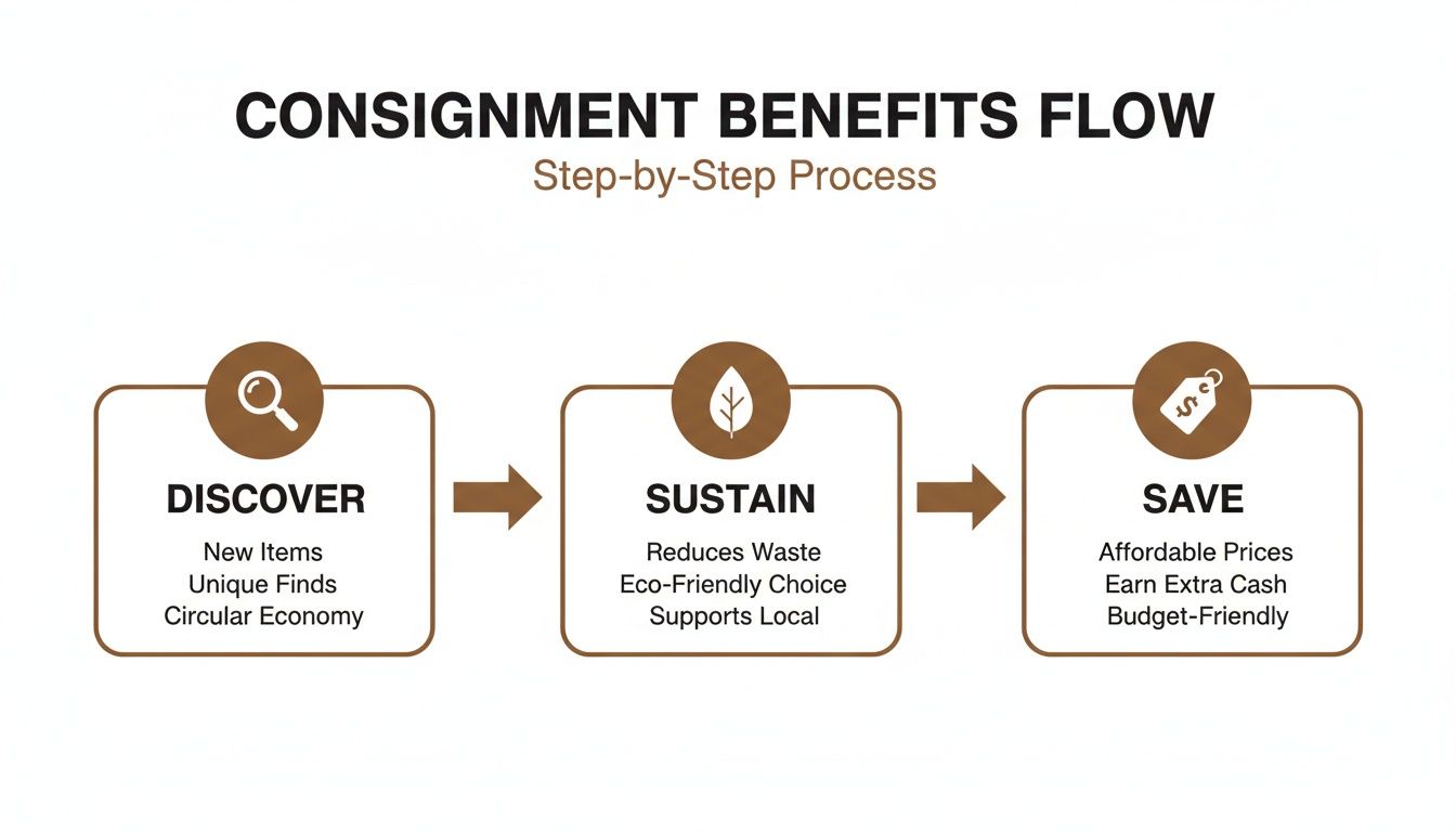 Infographic detailing consignment benefits flow, showing steps to discover, sustain, and save.