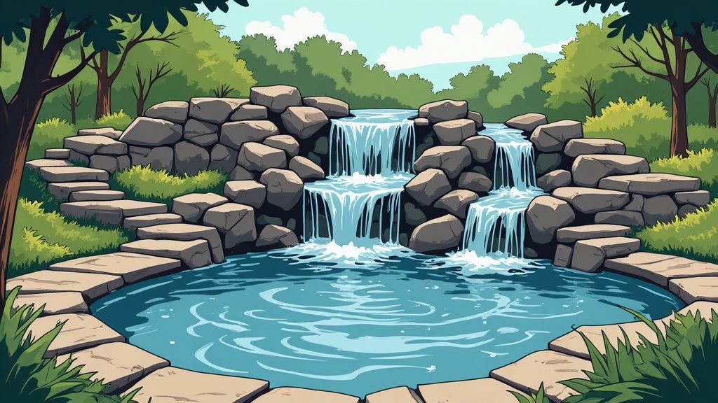 A serene cartoon landscape featuring a multi-tiered stone waterfall cascading into a pond, surrounded by green grass and trees.