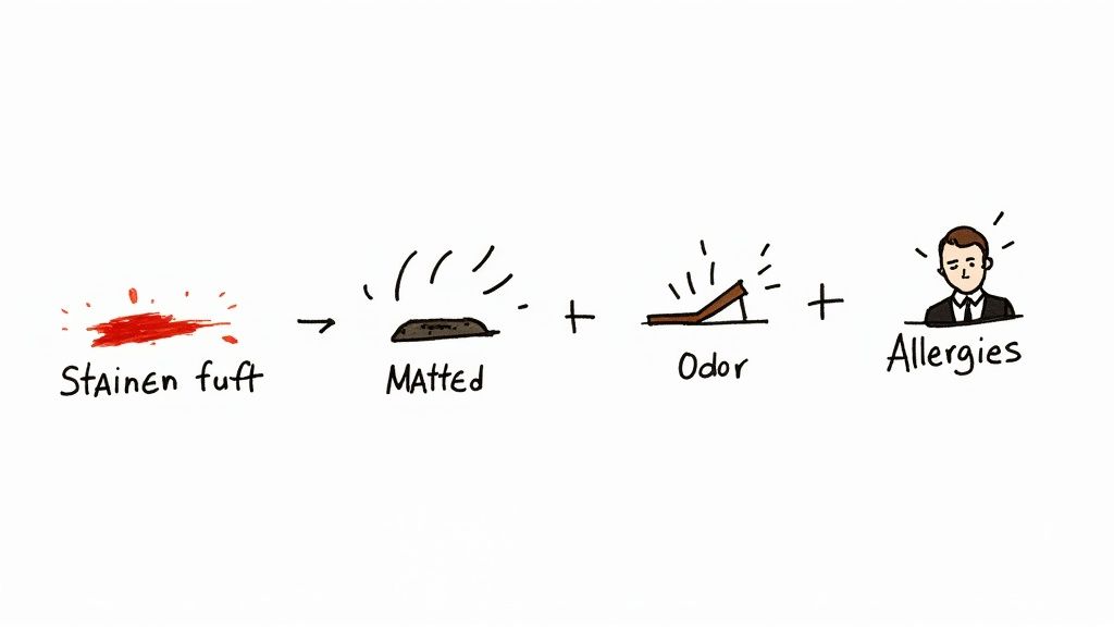 A cartoon illustrating carpet issues like stains, matted fur, odor, and resulting allergies.