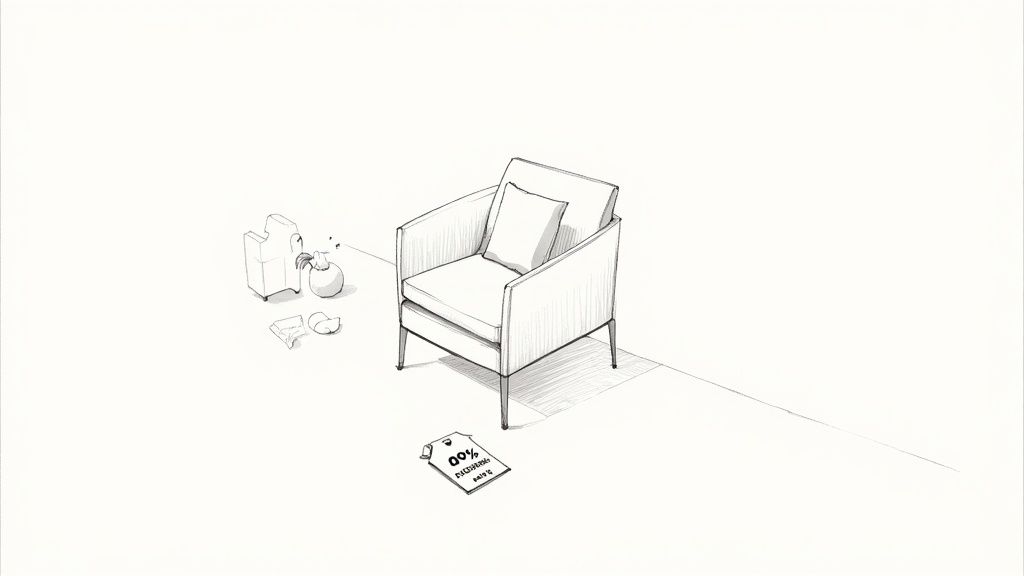 A minimalist sketch showing an armchair, a plant, and a '00% CONSIGNMENT SALE!' tag on a white background.
