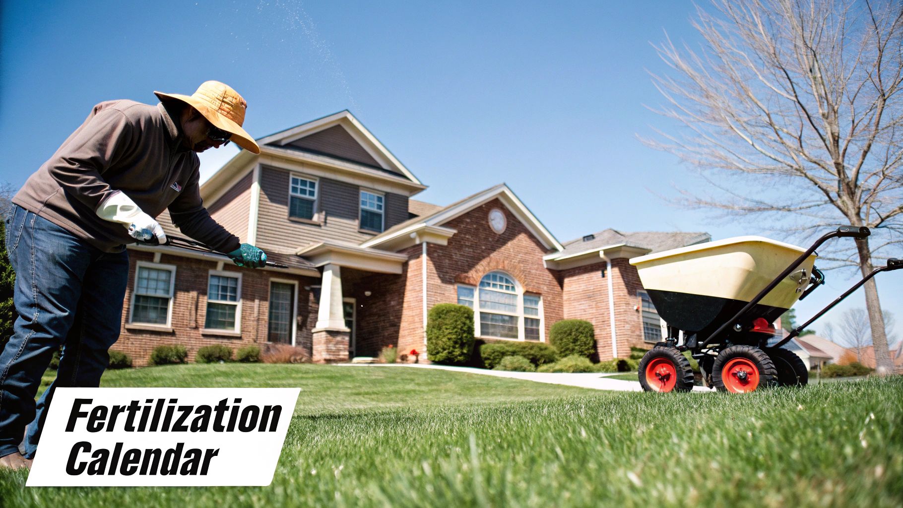A person pushing a spreader to fertilize a green lawn in a suburban neighborhood.