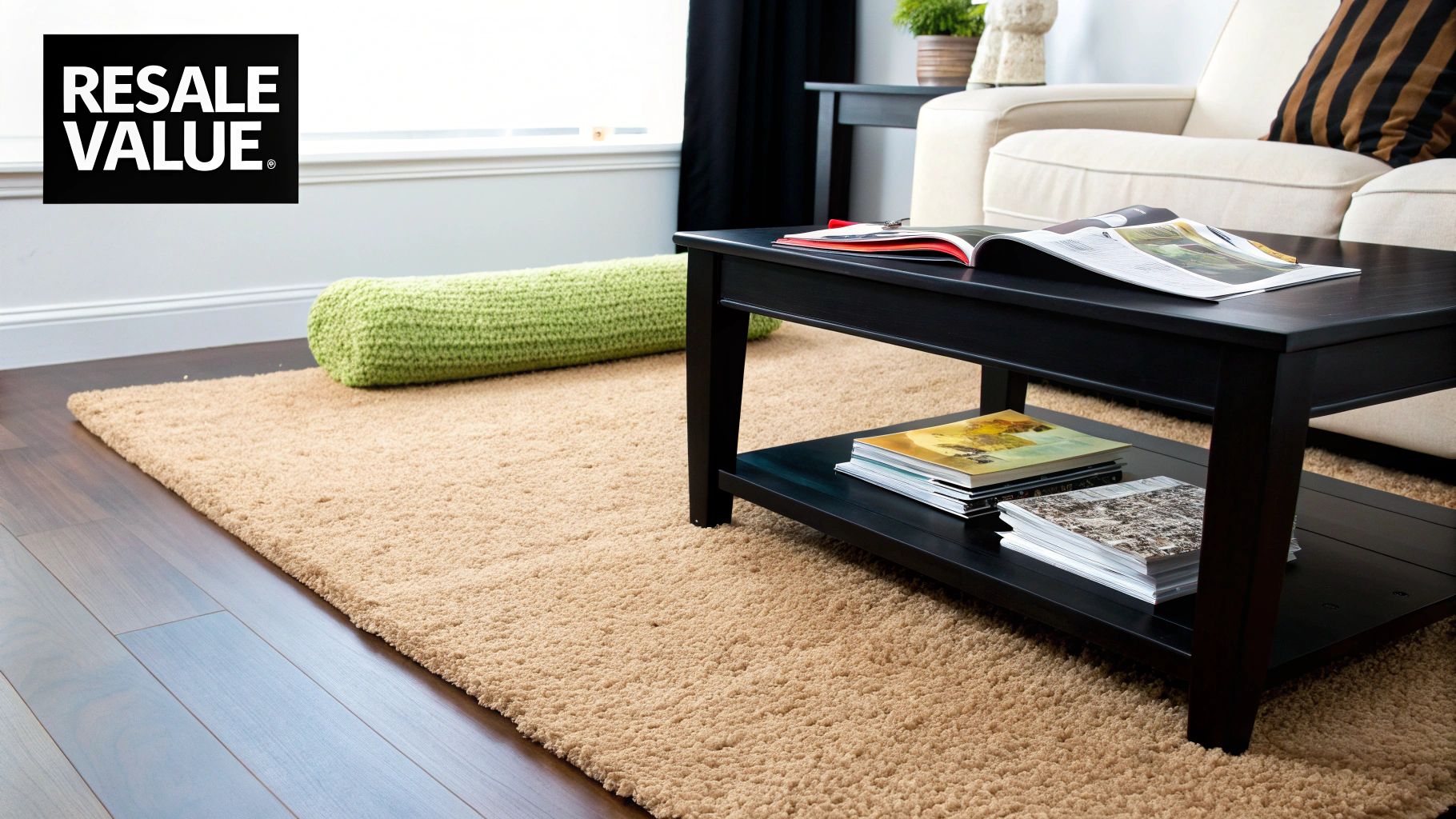 A cozy living room features a beige shag area rug on dark laminate flooring with a coffee table.