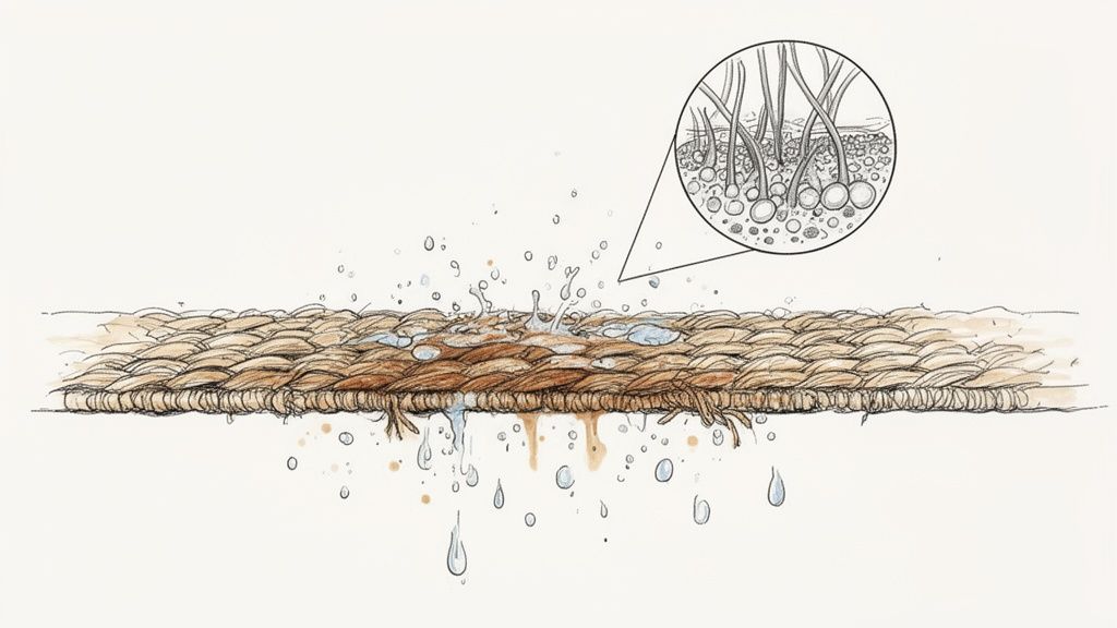 Detailed illustration of water splashing and dripping on a woven natural fiber carpet, with a magnified view of its fibers.