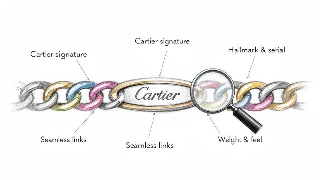 Detailed illustration on identifying an authentic Cartier chain, highlighting signature, seamless links, hallmark, and weight.