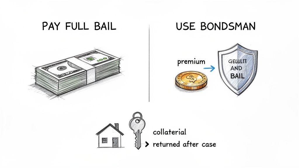 Comparison illustrating two options for bail: paying full bail with cash or using a bail bondsman with a premium and collateral.