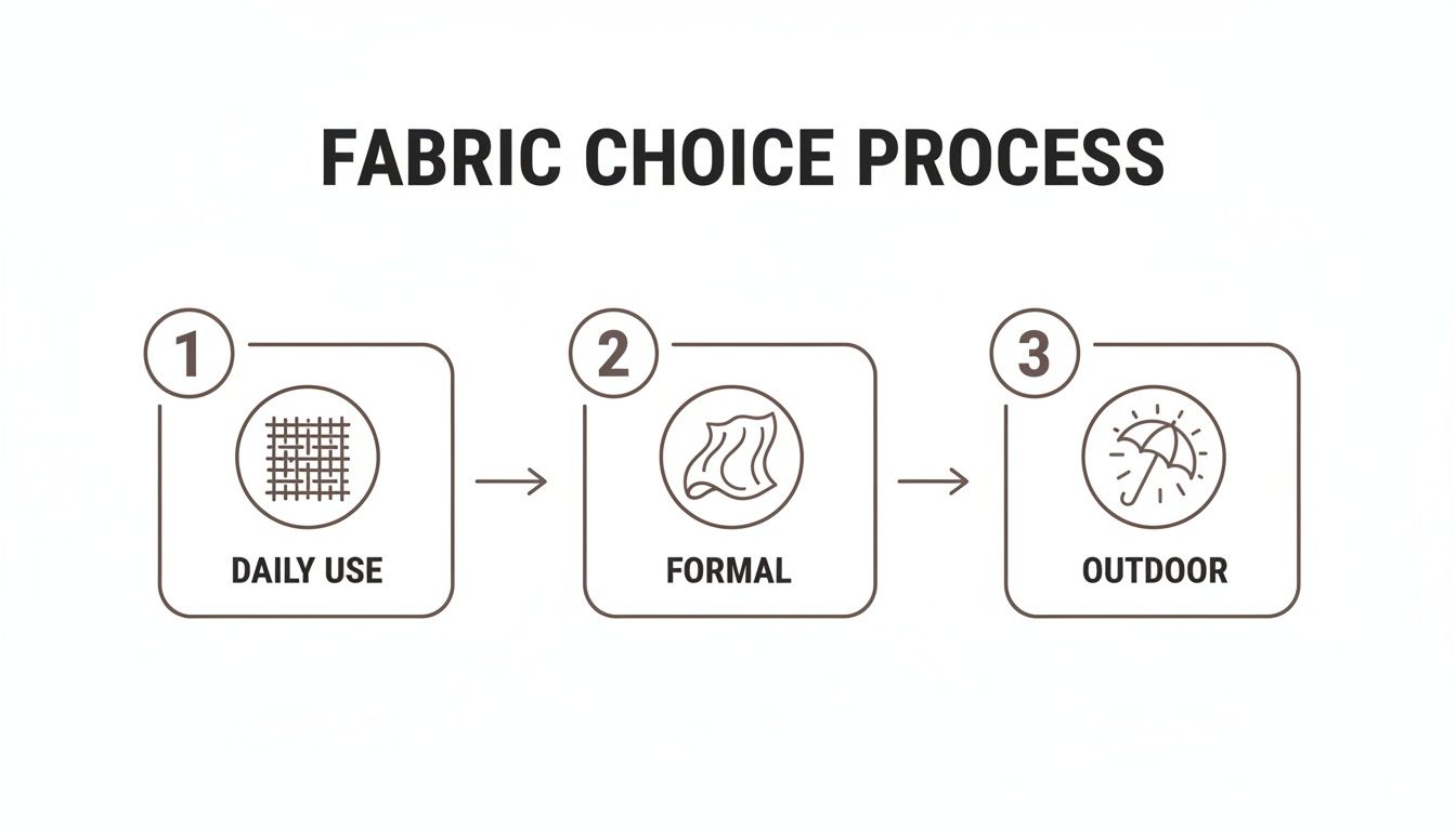 Infographic showing a three-step fabric choice process for daily, formal, and outdoor use.