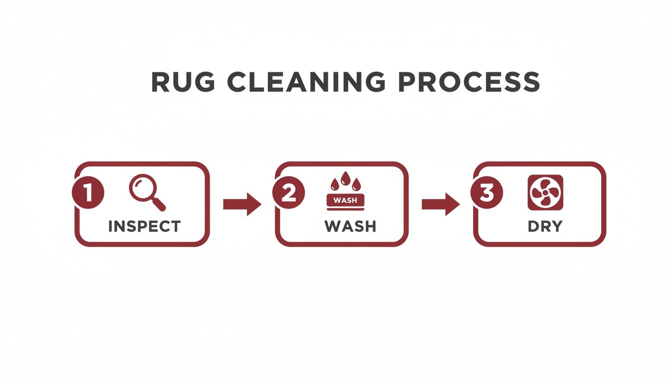 A three-step rug cleaning process diagram showing inspect, wash, and dry stages with icons.
