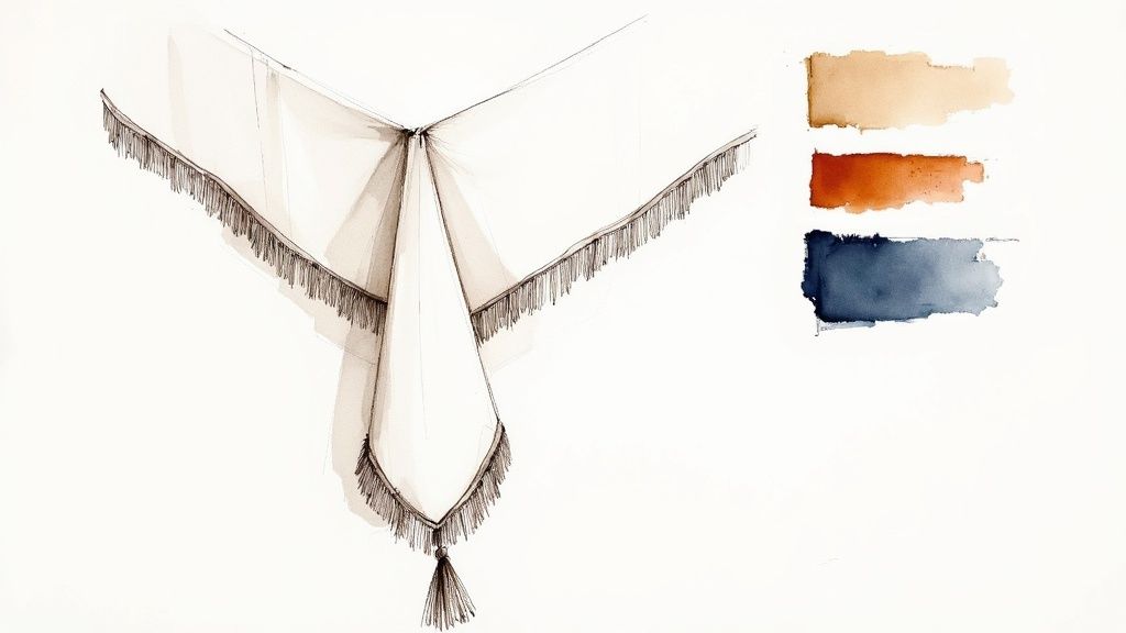 A watercolor and ink design sketch of a fringed tablecloth with a tassel and three color swatches.