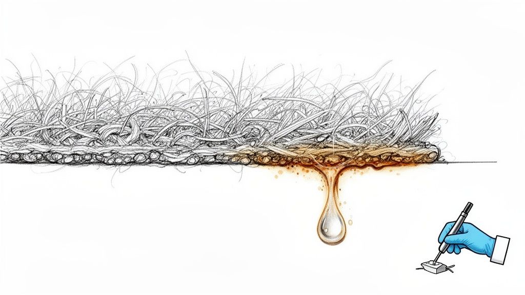 Illustration showing a sisal rug cross-section with liquid dripping, and a gloved hand testing a sample.