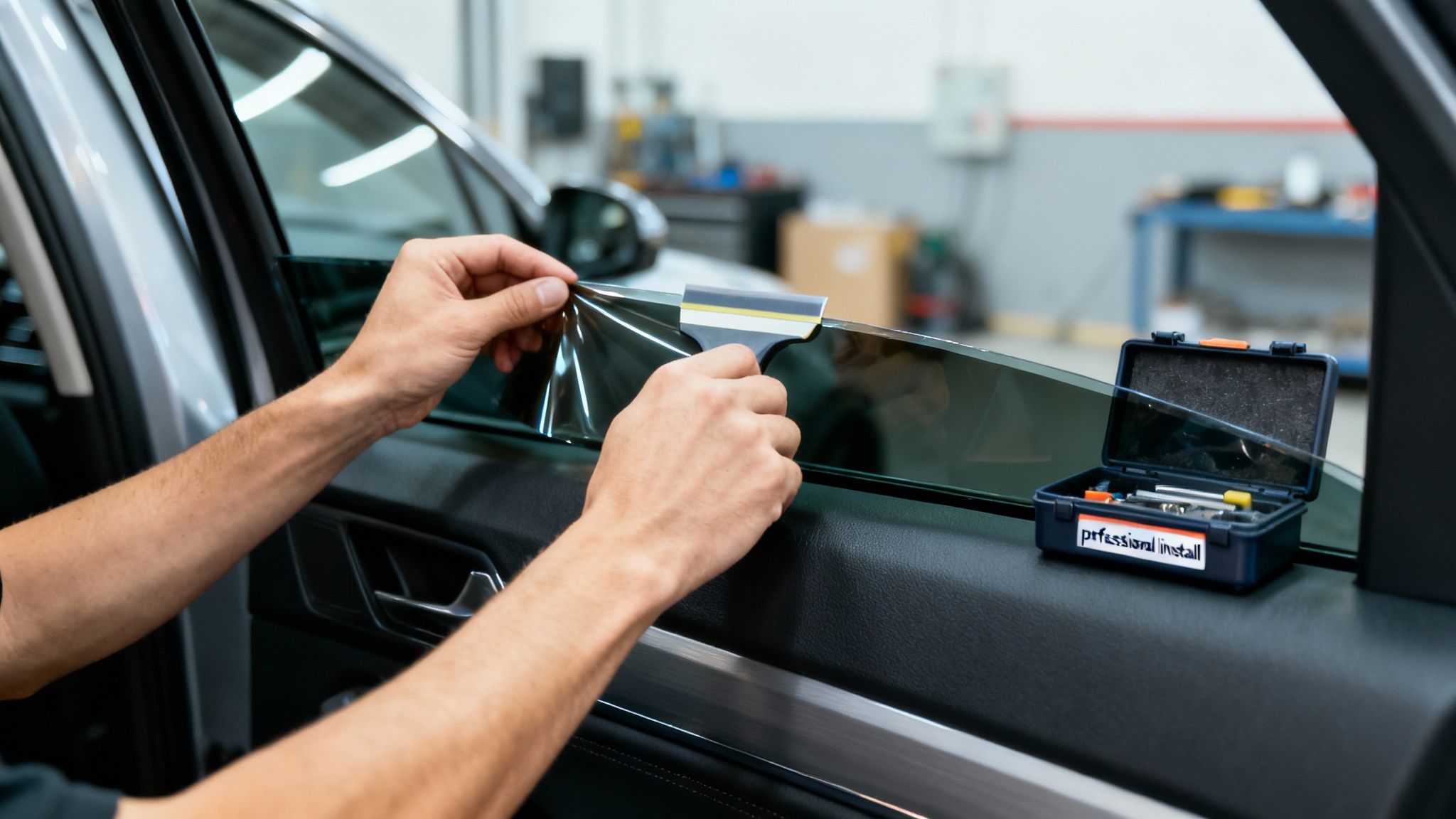 Person's hands applying dark window tint film to a car window with a squeegee tool.